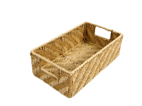 Artisanal Rectangular Paper Cord Woven Basket with Cut-Out Handles